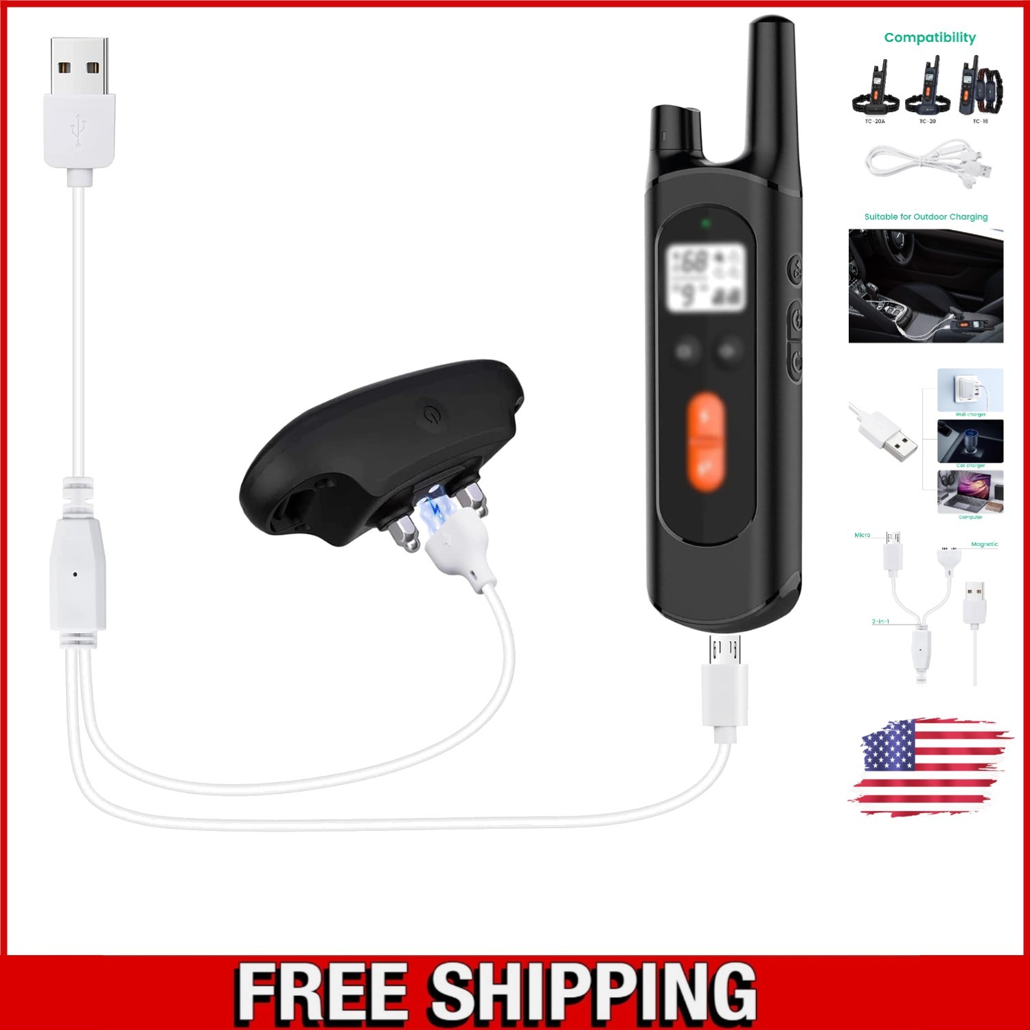 Portable 2-in-1 Charging Cable for NVK & UKE Dog Training Collars, 2.6 ft White