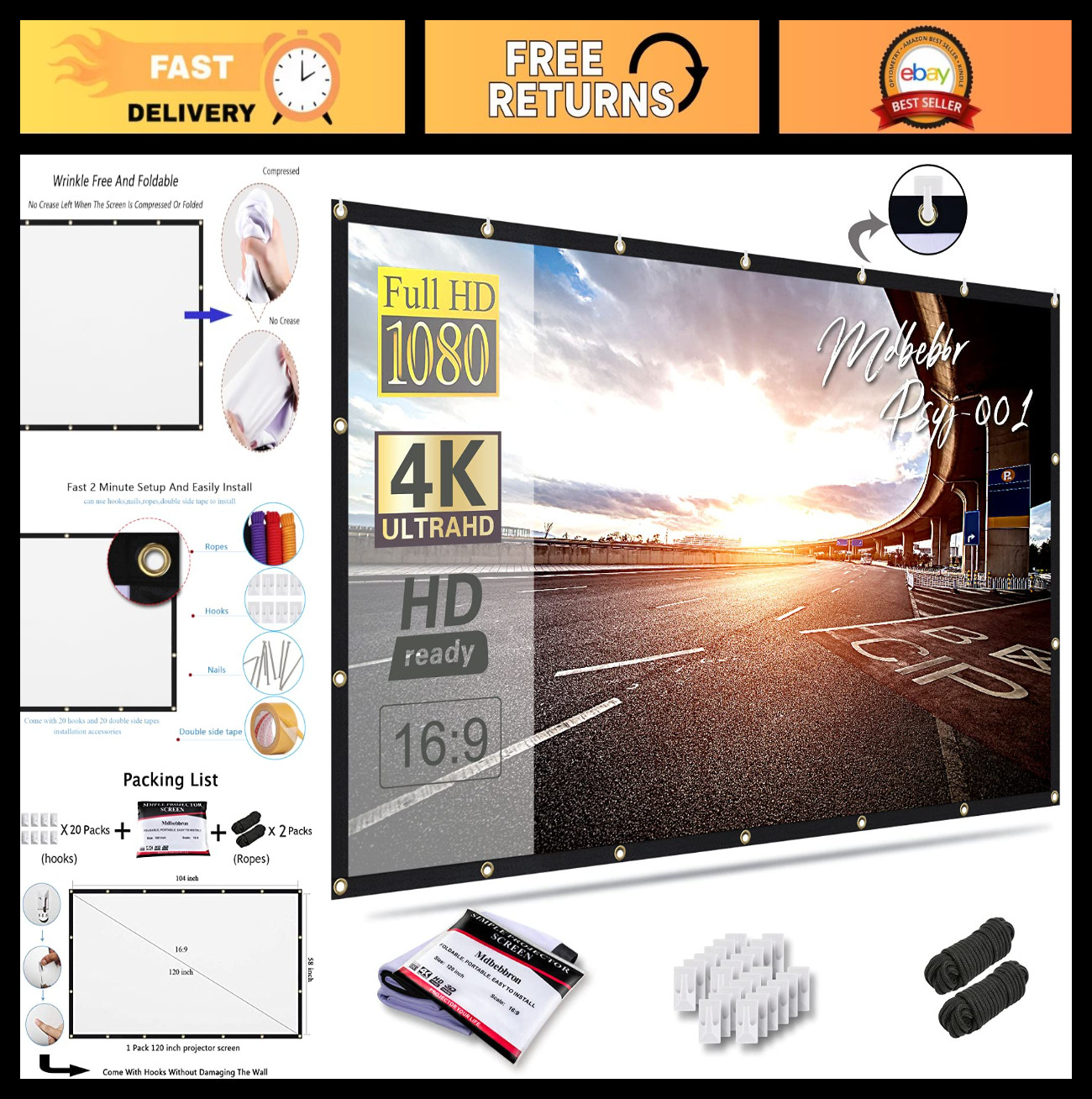 120" Portable Projector Screen 16:9 Foldable Anti-Crease for Home & Outdoor Use