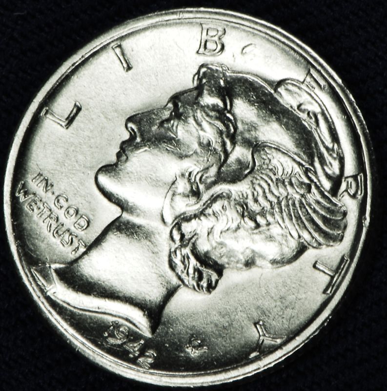 1942-s Mercury Dime.  66% full horizontal band separation.    BU (Inventory)