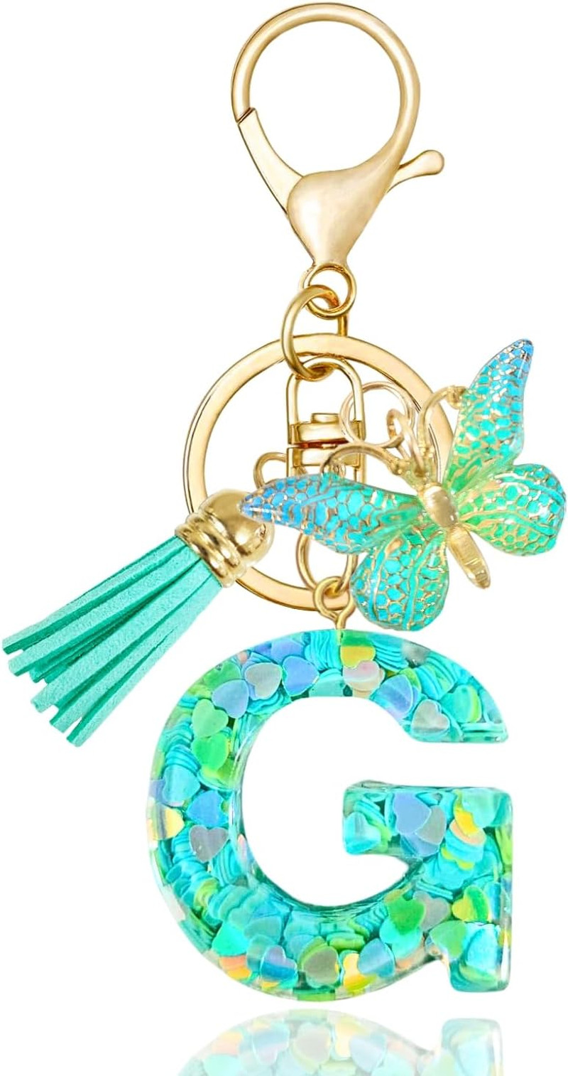Purple-Blue Pink Green Resin Alphabet Initial Letter Keychain Tassel Butterfly K