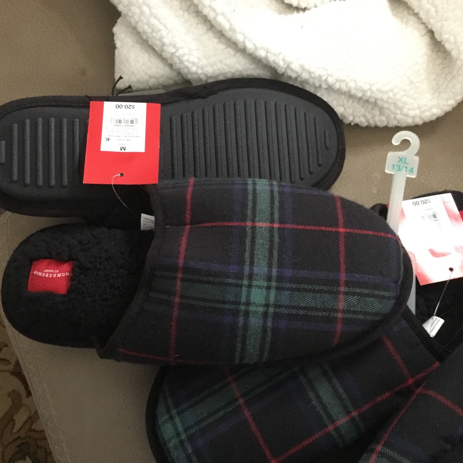 Wondershop Men's M 9-1 0 Navy Blue Plaid Scuff Slippers Slide Mule  Faux Fur