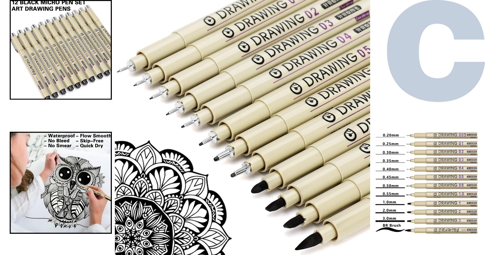Muchcute 12 Black Fine Line Waterproof Art Pens - Perfect for Artists & Kids