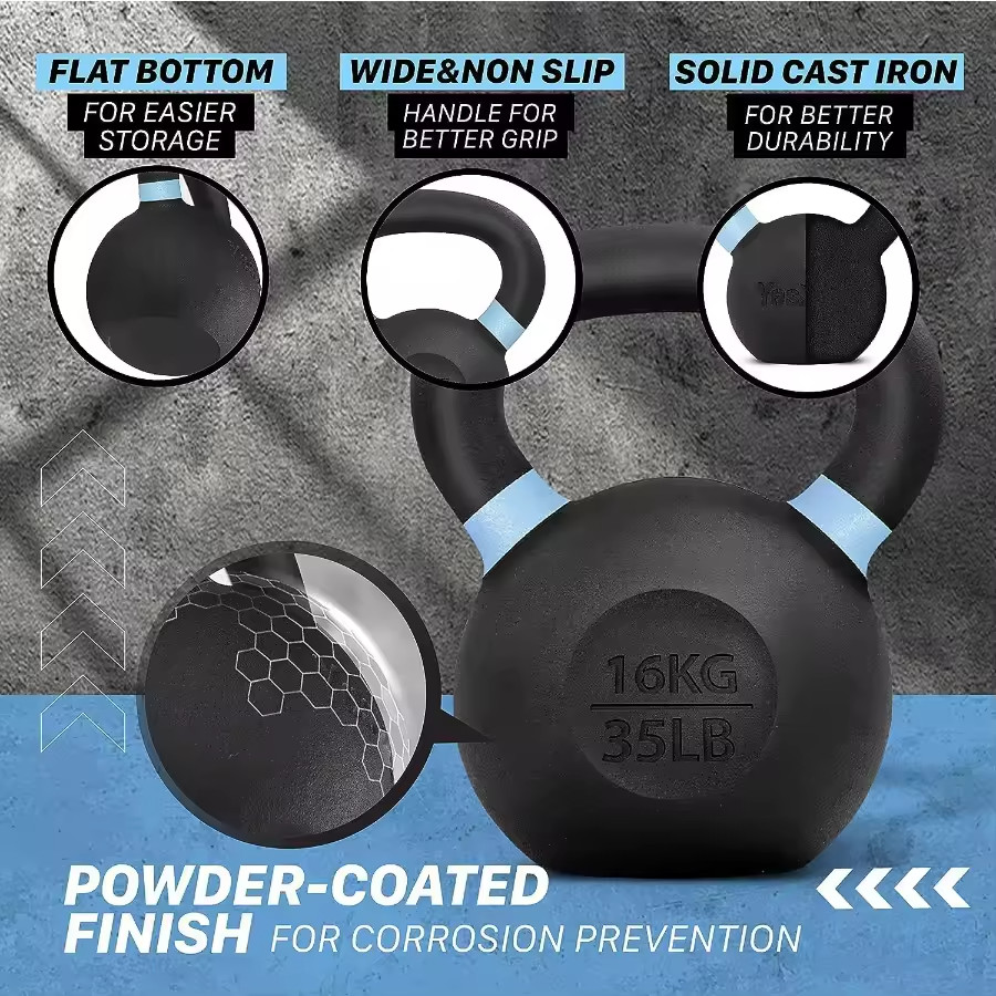 Powder Coated Kettlebell Cast Iron Core Kettlebells with NonSlip Handle Flat Bot