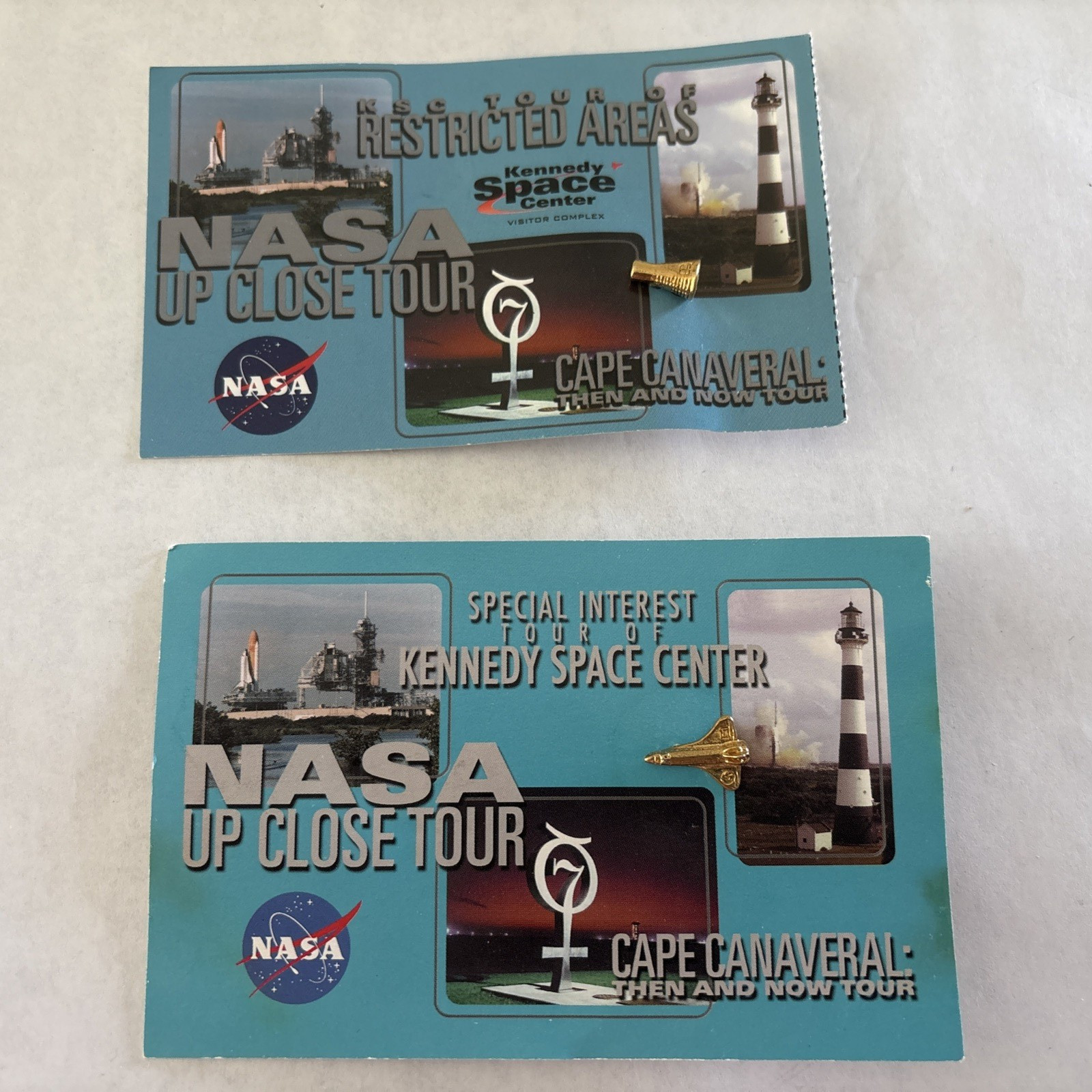 Nasa Vintage Up-close Tour Restricted Area Tickets w/ Shuttle and capsule pins