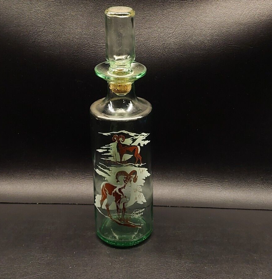 Vintage 1964 American Bighorn Ram 12" Green Tinted Glass Decanter Liquor Bottle