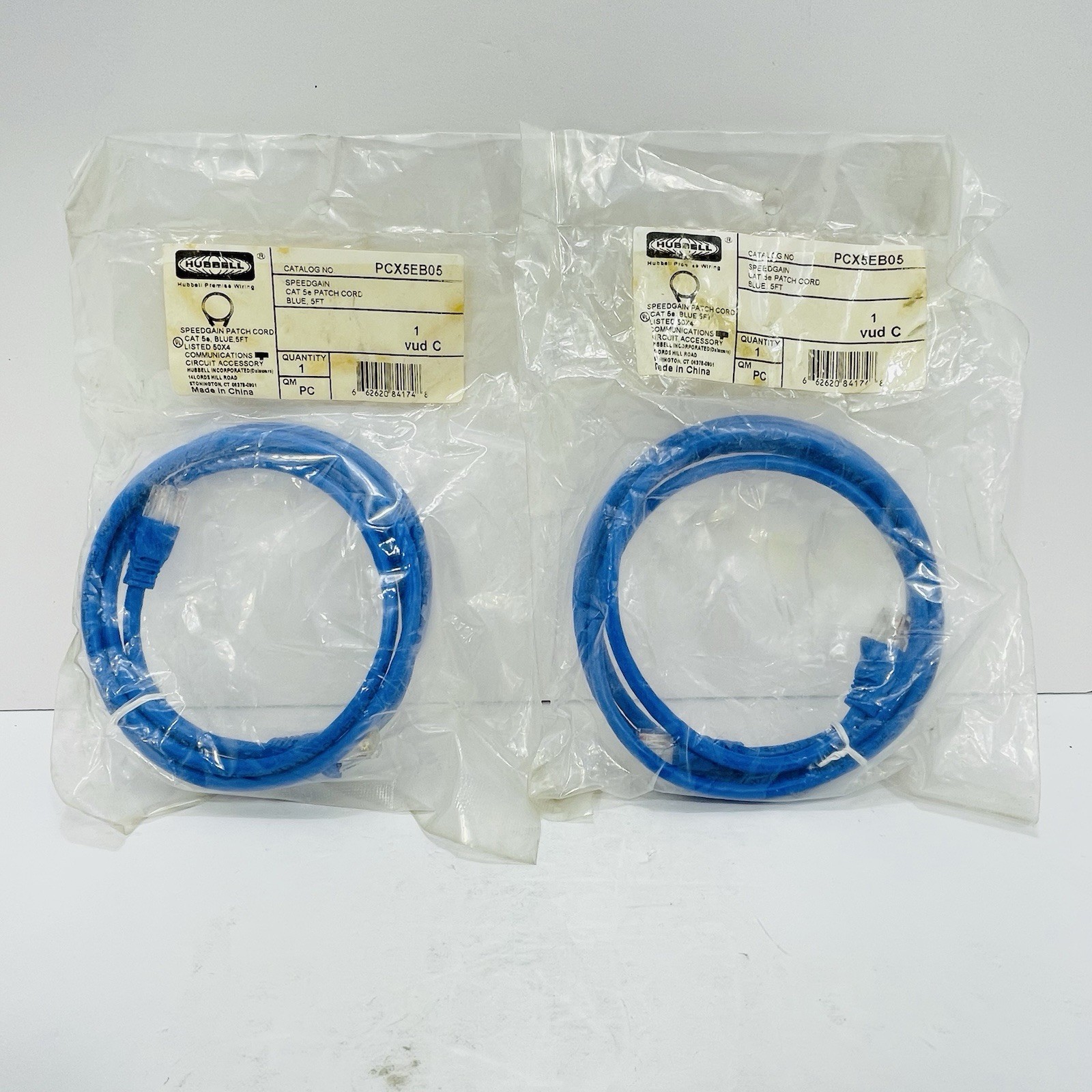 Lot of 2 Hubbell PCX5EB05 Blue Speedgain Cat5e Patch Cords 5FT ~NEW~
