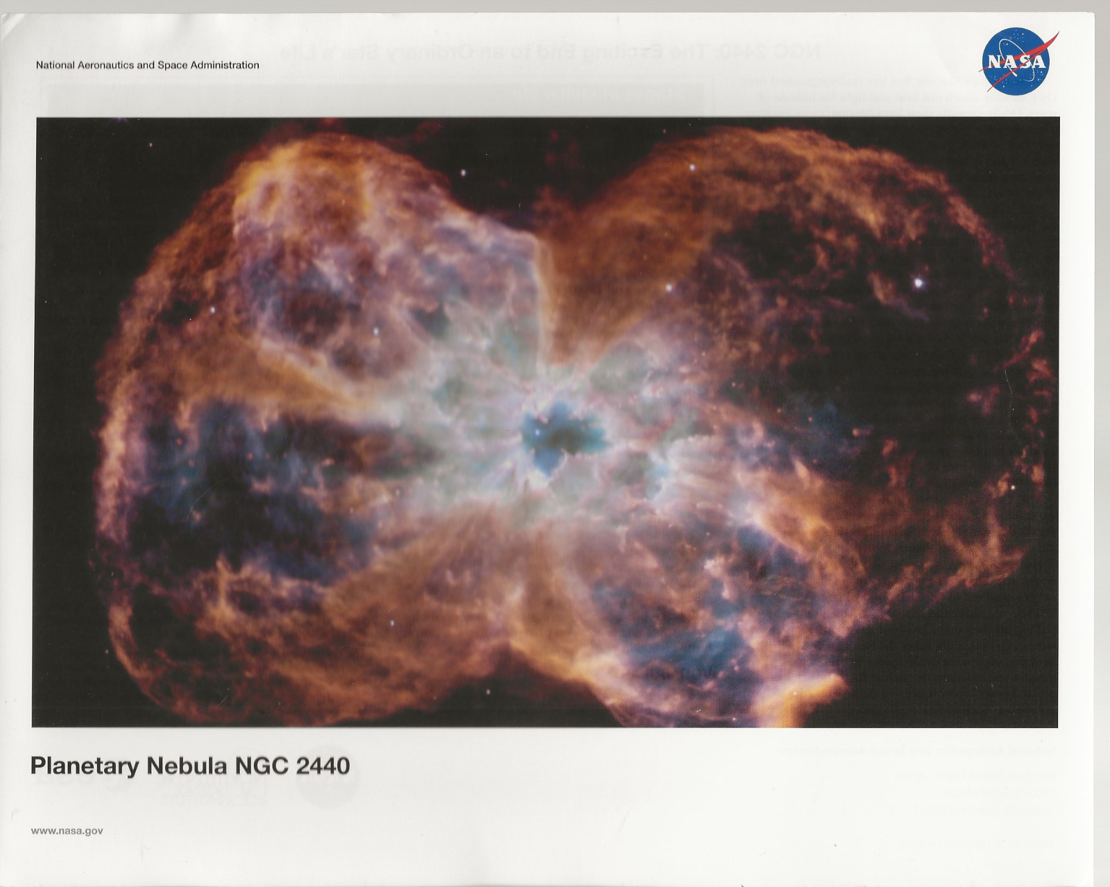 Planetary Nebula NGC 2440 NASA Educational Offset Lithograph Print Used VG-