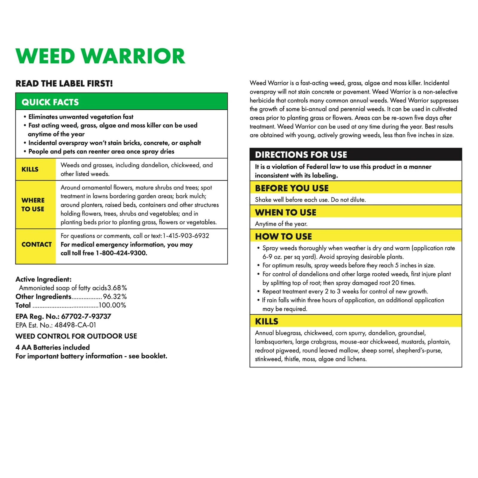 Lot of 2 Sunday Weed Warrior 32oz Grass & Weed Killer Spray OMRI Listed