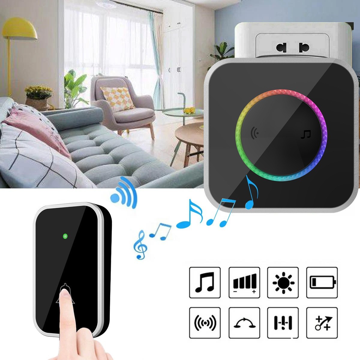Waterproof Wireless Doorbell Adjustable Volume Plugin Receiver 45 Chime