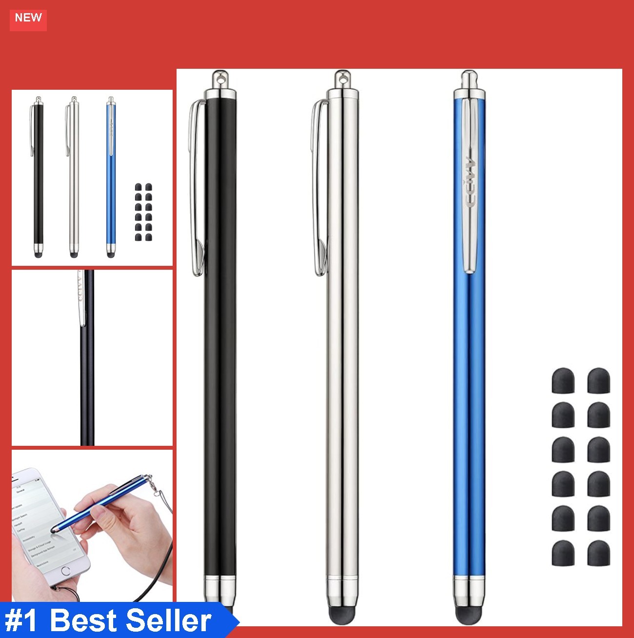 3 Pcs Ultra-Thin Stylus Pens [0.24 inch Tip] with 12 Replaceable Rubber Tips