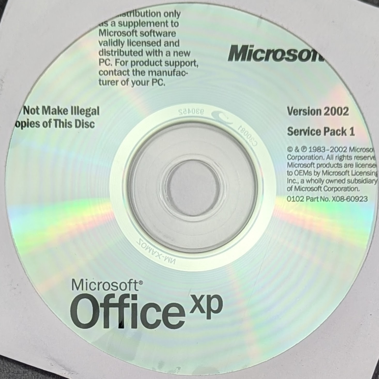 Microsoft Office XP Version 2002 Service Pack 1 CD Disc OEM Part X08-60923