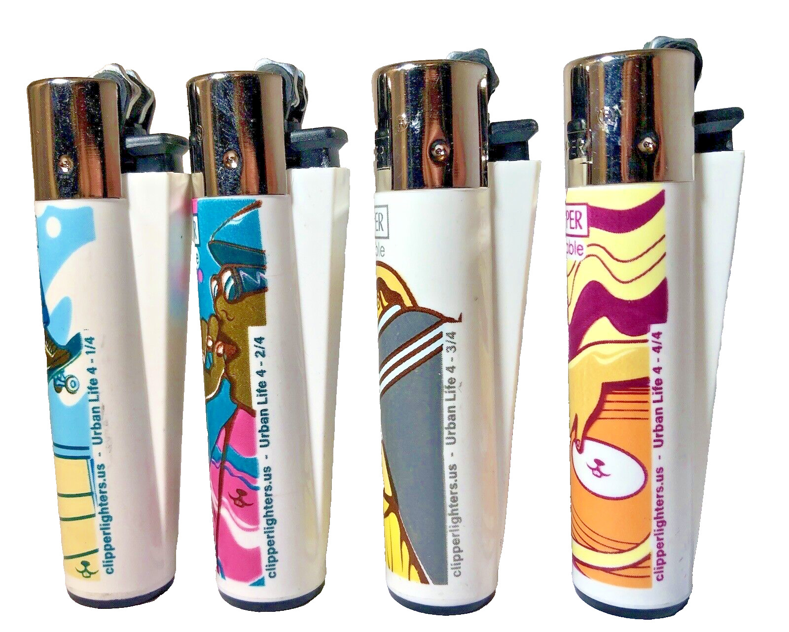 4 Pack Clipper Lighter Urban Life 4 Design Refillable ReFlintable ReUseable