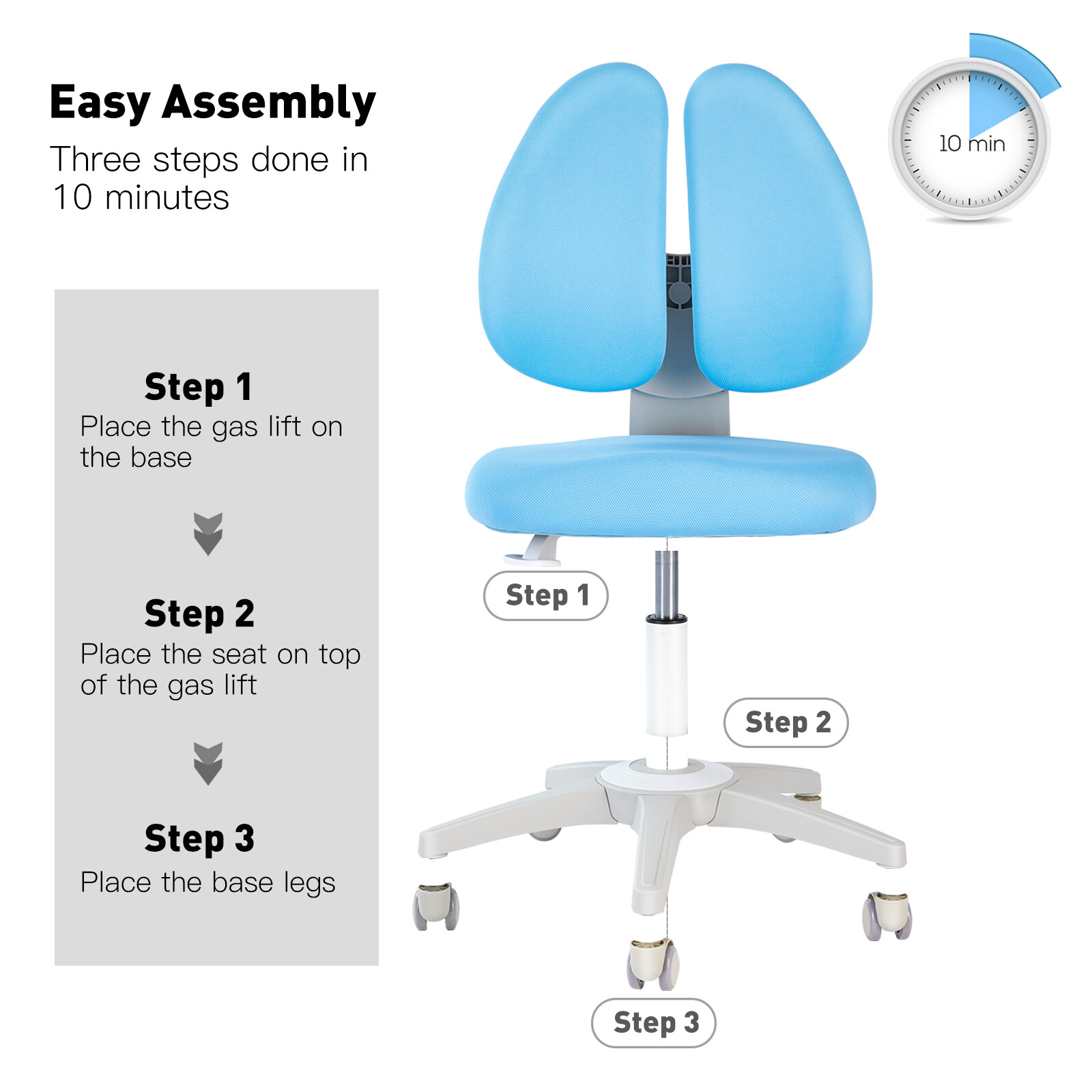 Blue Kids Study Chair Adjustable Height & Seat Depth Auto Brake Caster Boy Chair