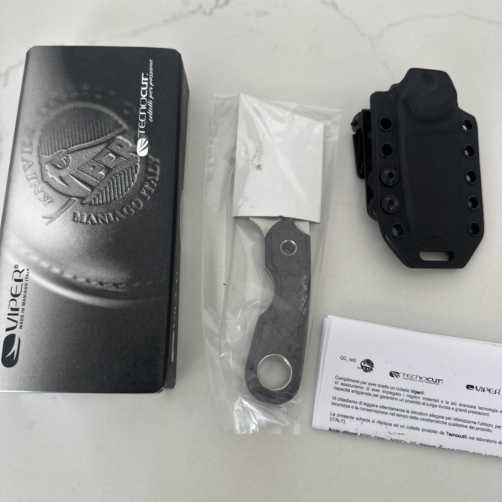 Viper Berus 2 Sheepsfoot Satin M390 Marbled Carbon Fiber Fixed Blade VT4014FCM