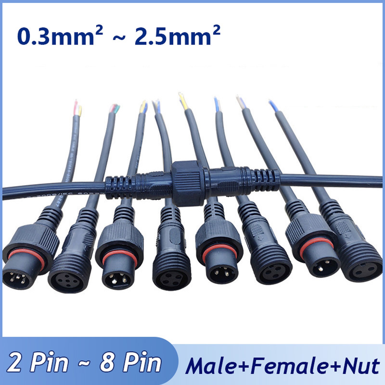 40cm Waterproof Male & Female Plug Wire Connector Cable Electrical Wire 2-8Pin