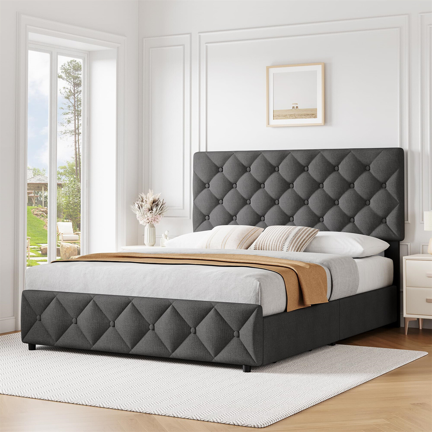 ✅Queen Size Bed Frame with 4 Storage Drawers and Headboard Upholstered Platform