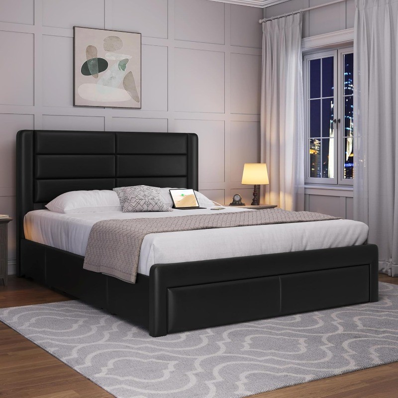 Full Upholstered Bed Frame with 3 Storage Drawers and Built-in 2 USB Ports