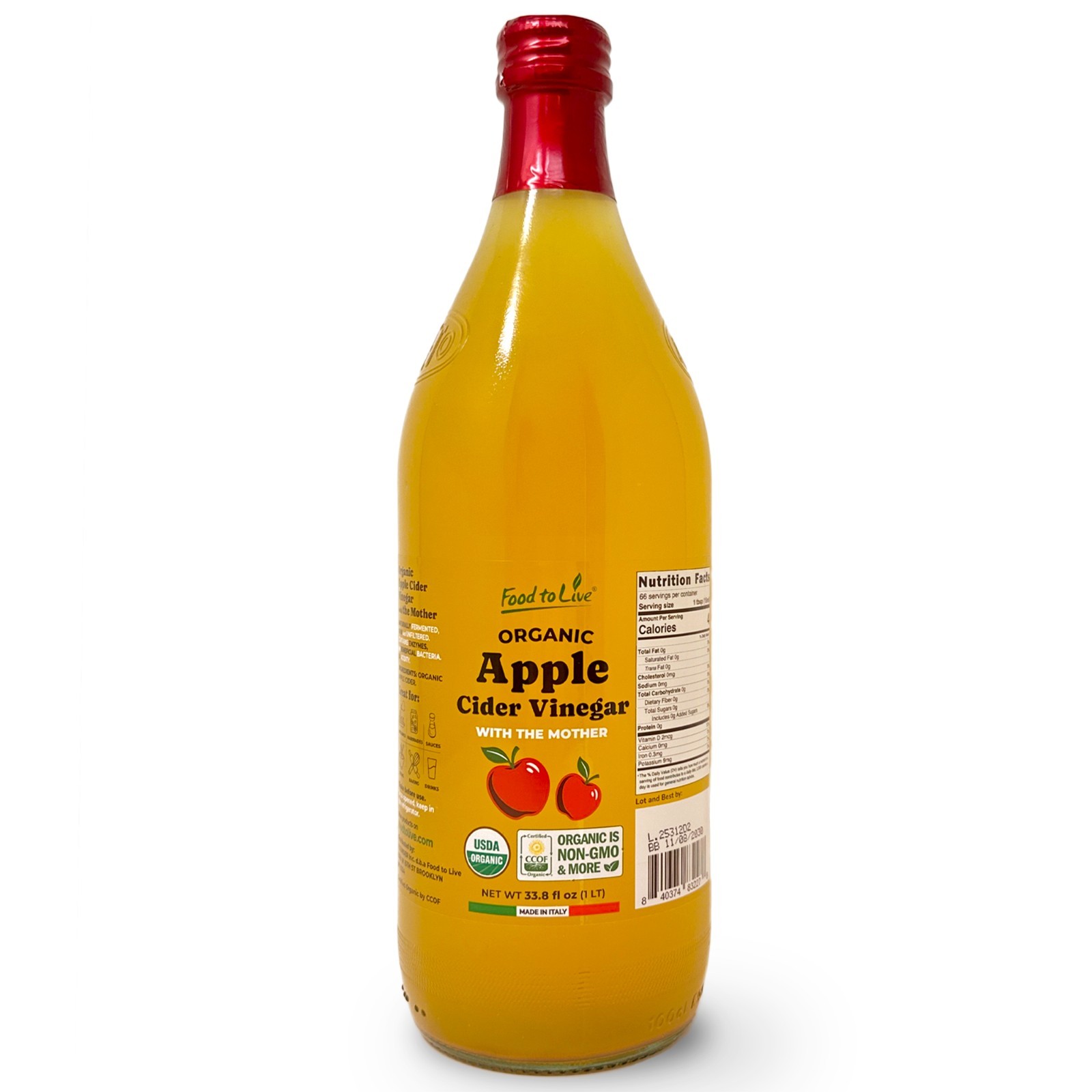 Organic Apple Cider Vinegar, 1 L – Non-GMO,Vegan, Glass Bottle – by Food to Live