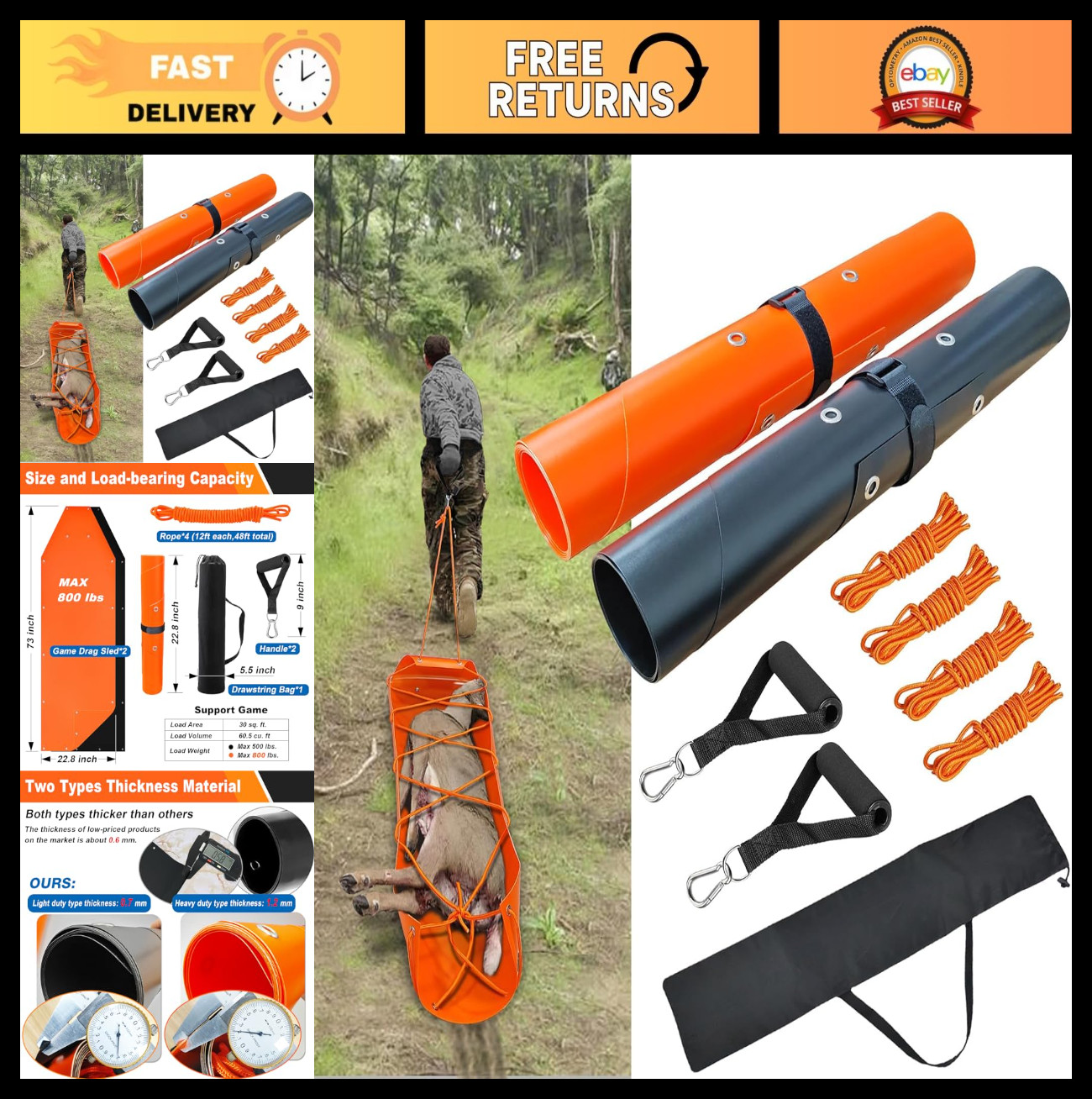 Bayattoo Heavy Duty Drag Sled Mat with Pull Cables for Yard, Hunting