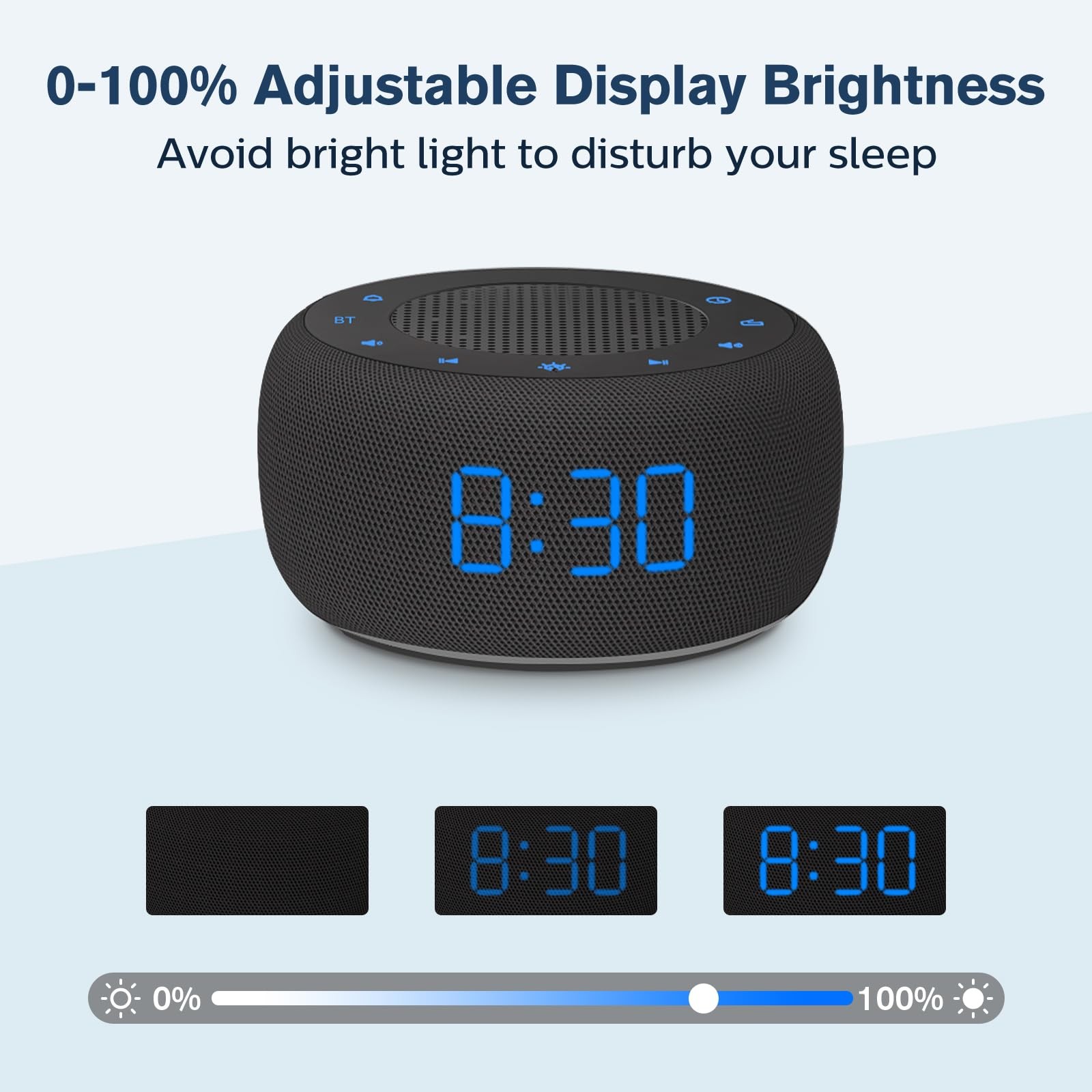 Plug in Alarm Clock, Bluetooth, FM Radio, Full Range Dimmer, Black