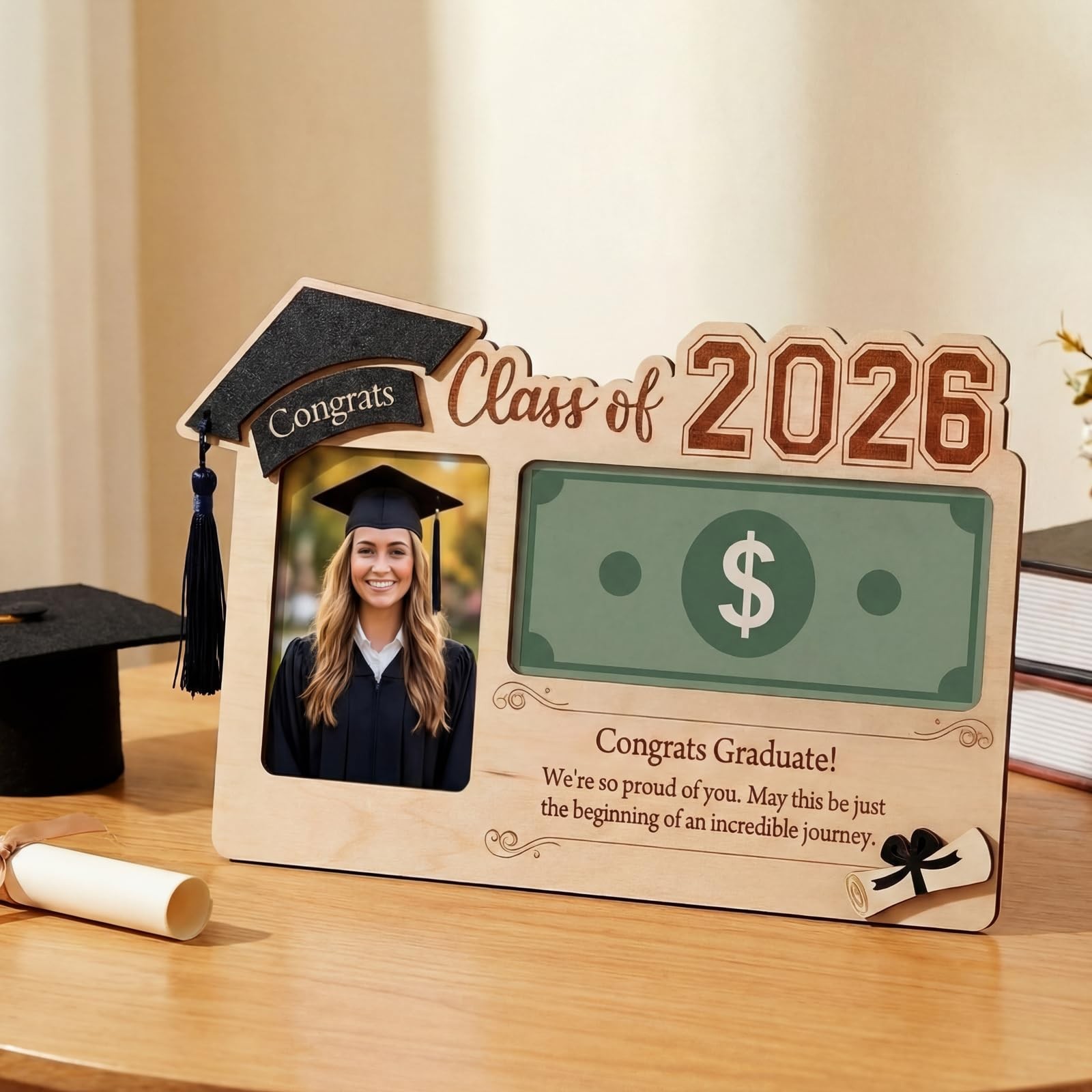 Graduation Gifts 2026 Money Holder with Photo Frame Wooden Money Cash Envelope..
