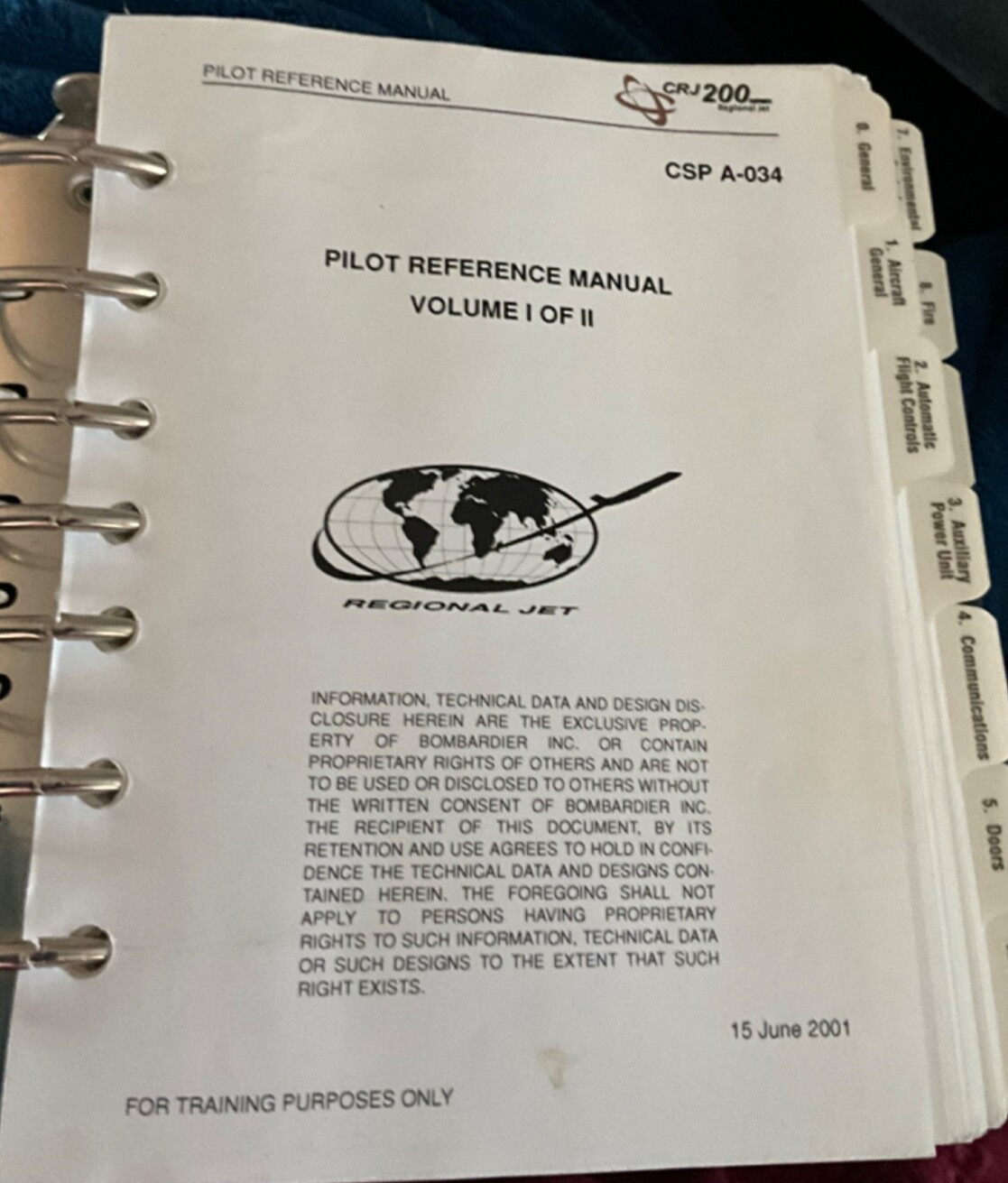 Bombardier CRJ 200 Pilot Reference Manual Volume I ONLY 2001 Training Purposes