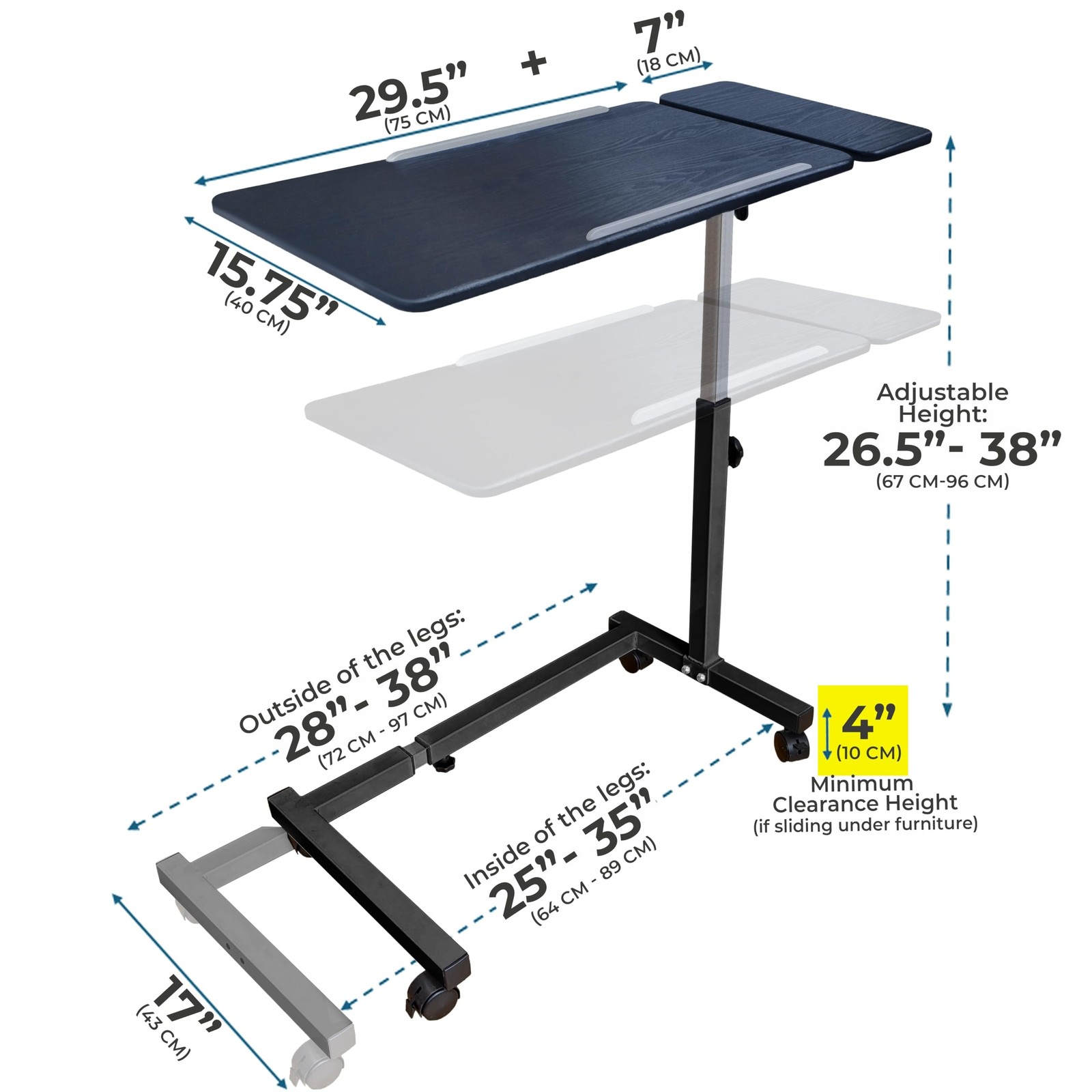 Recliner Table, Over the Bed Table with Wheels, Adjustable Width & Height, wi...