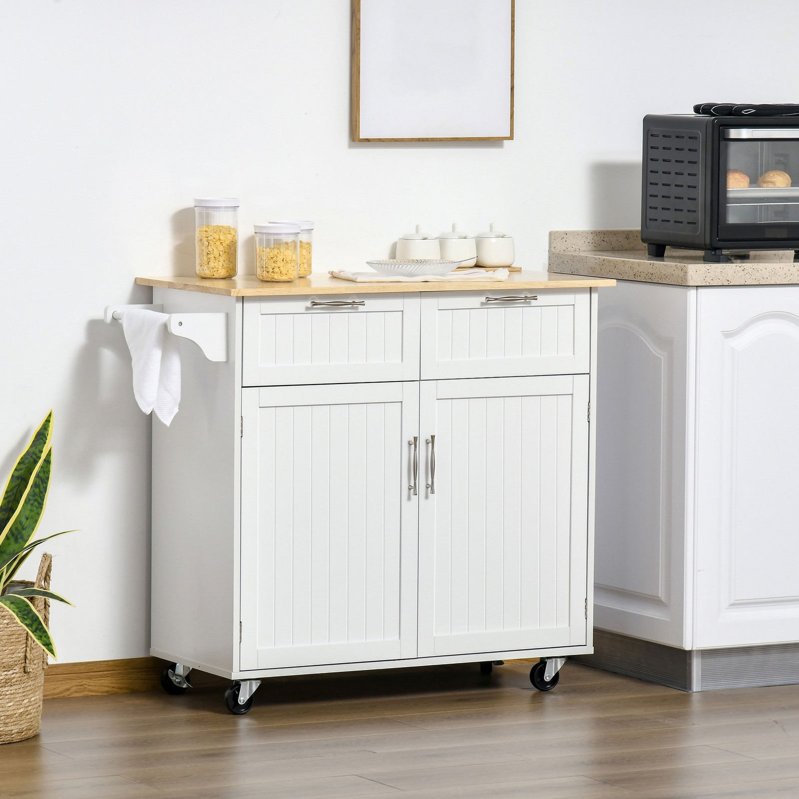 Modern Wooden Rolling Kitchen Island Storage Cart Serving Trolley w/ Towel Rack
