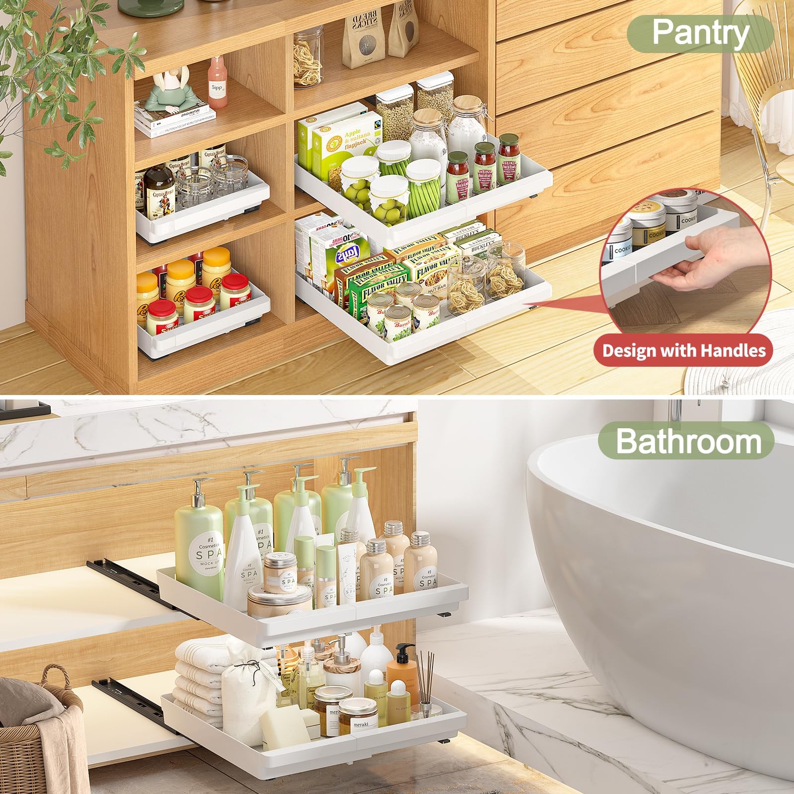 2 Pack Pull Out Cabinet Organizers Expandable, Plastic Slide Out Drawers for ...