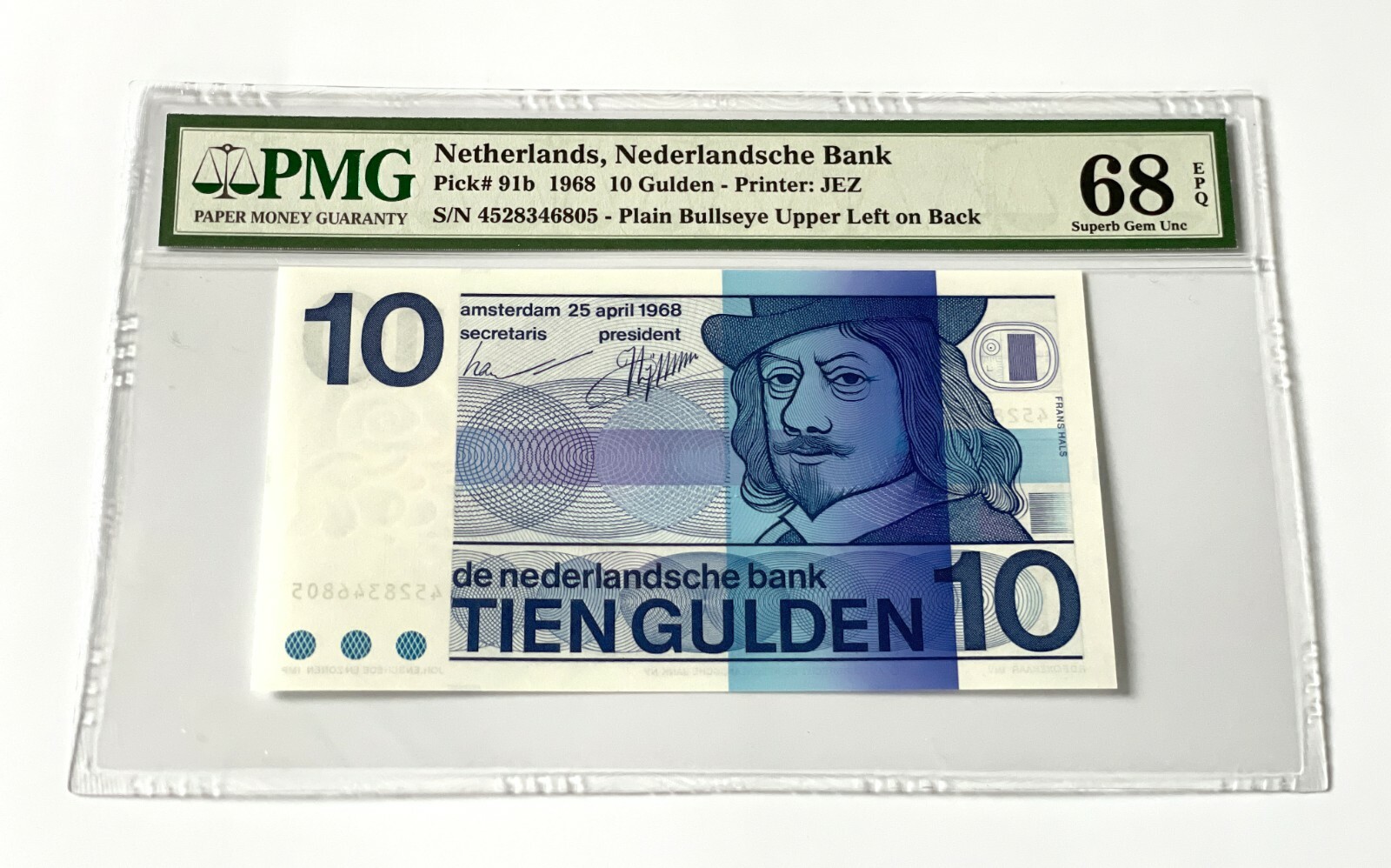 NETHERLANDS P-91b 1968 10 Gulden Frans Hals, Superb Gem, *UNC* 68 EPQ