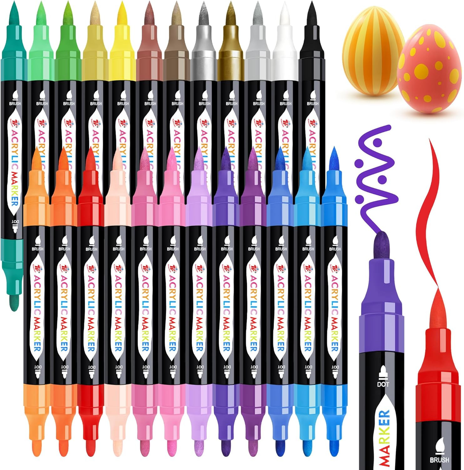24 Colors Dual Tip Acrylic Paint Markers,Waterproof, Non-Toxic, Odorless, Suitab