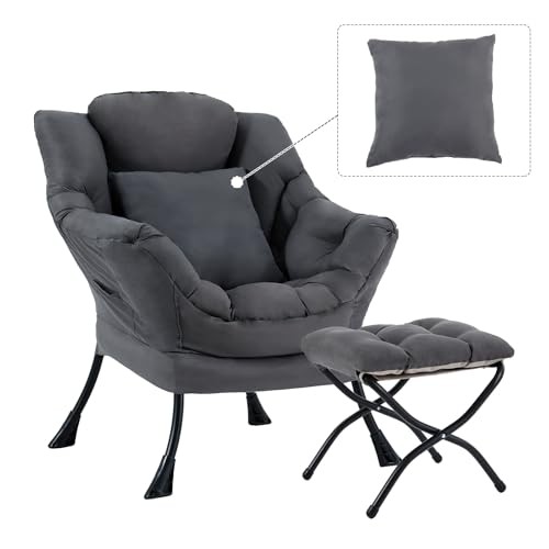 Lazy Chair with Ottoman, Comfy Reading Lounge Chair Dark Grey-same Color Pillow