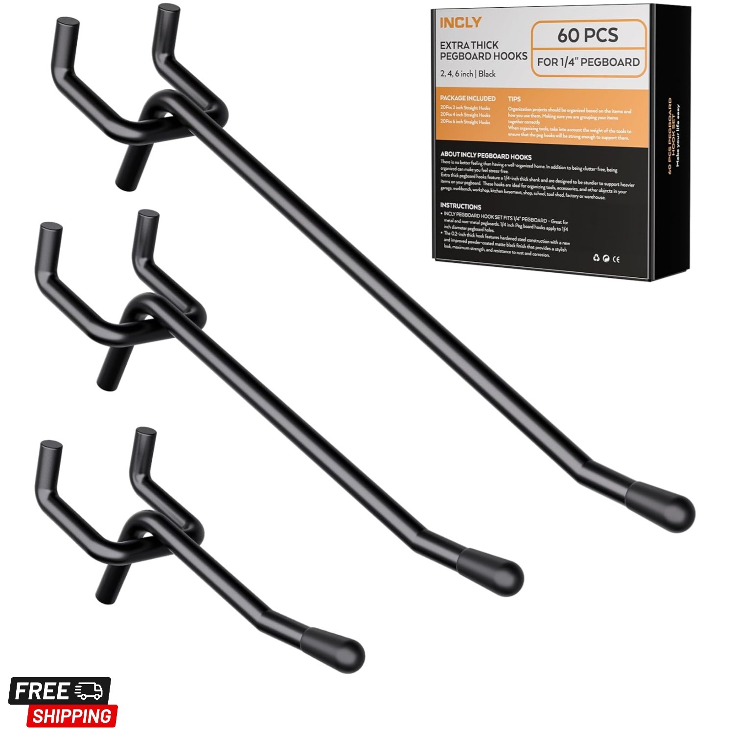 60 Pack 2/4/6 Inch Black Pegboard Hooks, 1/4" Heavy Duty Peg Board Shelving H...