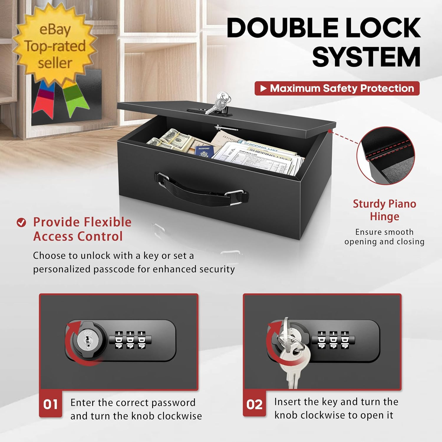 Fireproof Lock Box with Key and Combination Lock, Fire Safe Document Box, Portab