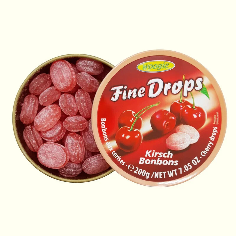 WOOGIE, GERMAN FINE DROPS SANDED Cherry CANDY Cherry Bonbons 7.05OZ/ 200 GR TIN