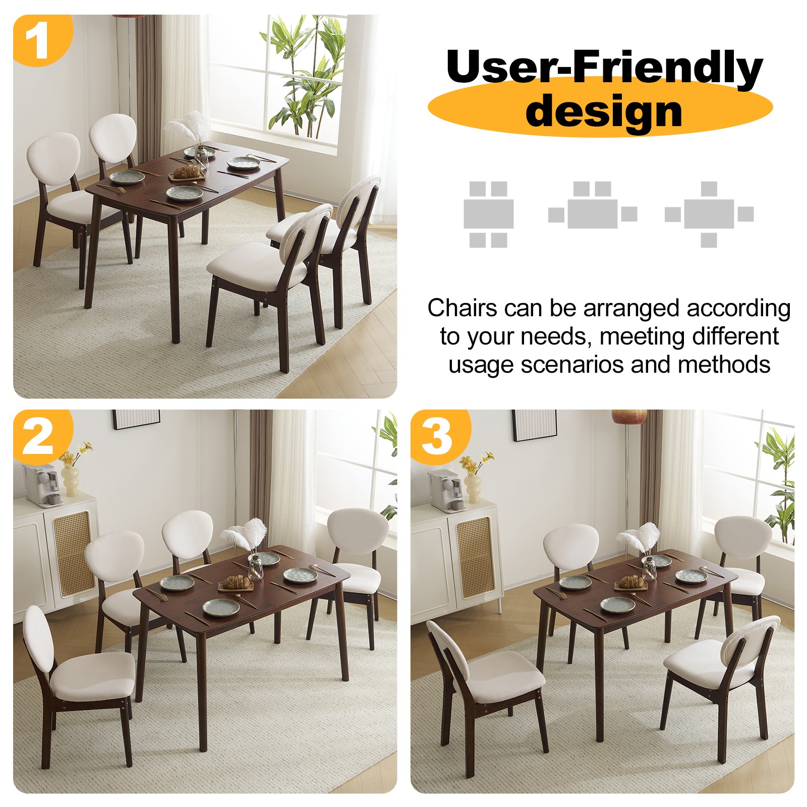 5pc Solid Wood Dining Set Deep Walnut Table & 4 Beige Padded Chairs Space-Saving
