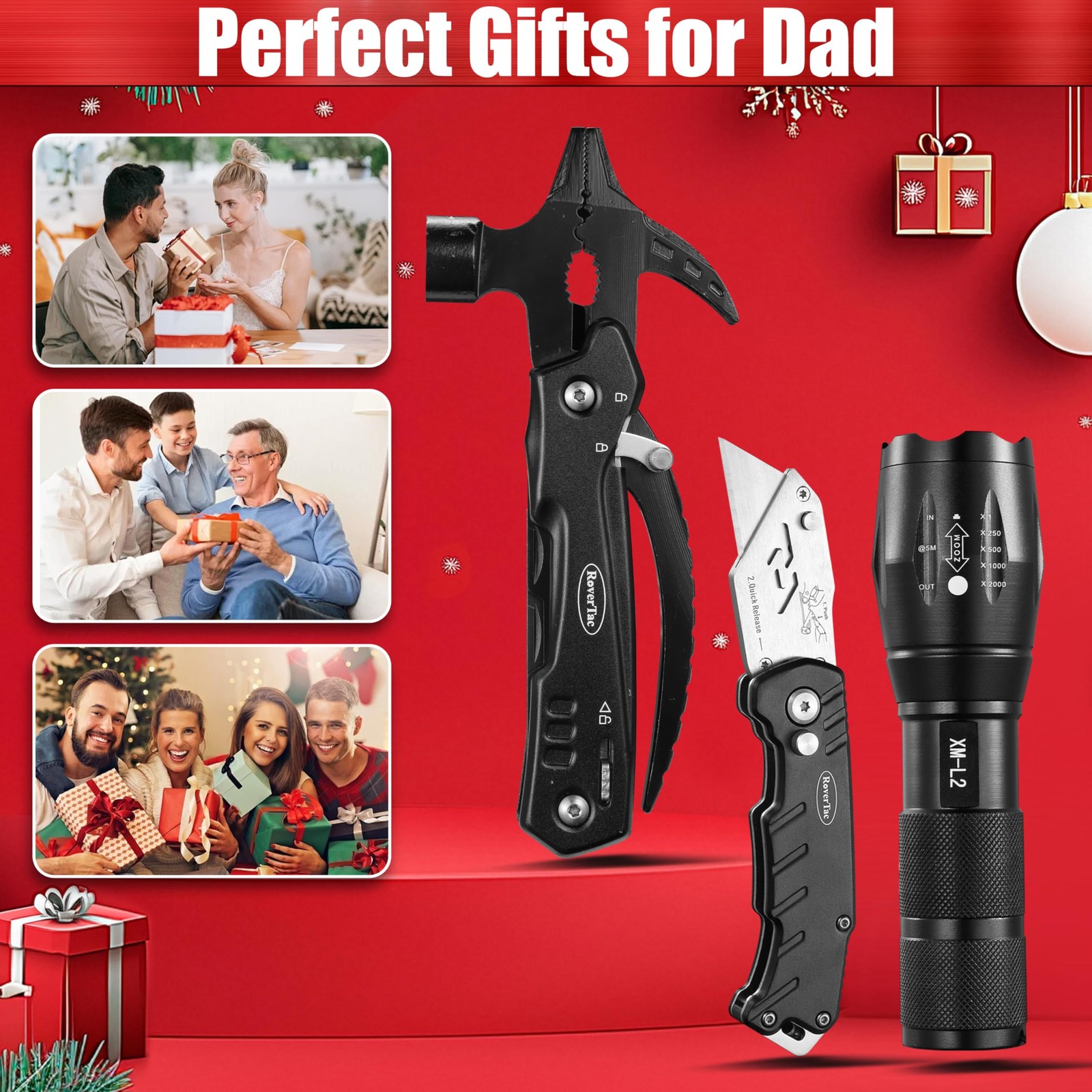 RoverTac Dad Tool Gift Set, 12-in-1 Multitool Hammer, Flashlight & Black
