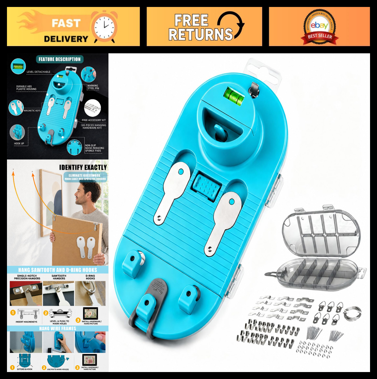 All-in-One Picture Hanging Tool Kit with Level & 85+ Hardware - No-Measure Syste