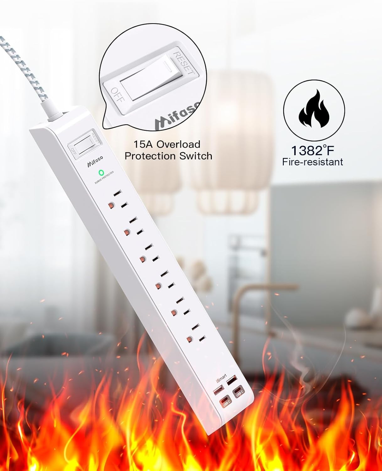 Protector Power Strip 10 ft with 4 USB Ports 2 USB-C 6 AC Outlets, Flat Plug