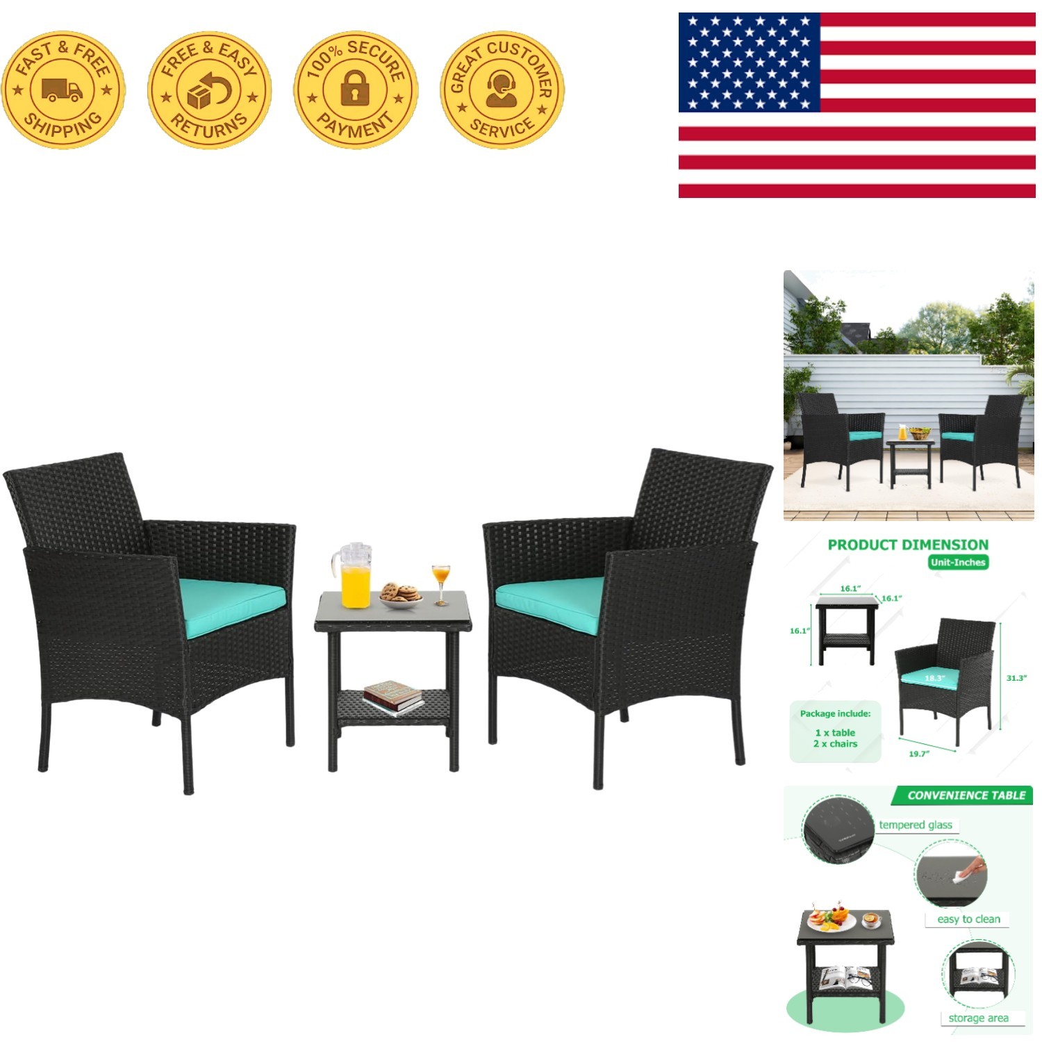 Chic 3-Piece Garden Furniture Set with Cushioned Chairs & Glass Top Table