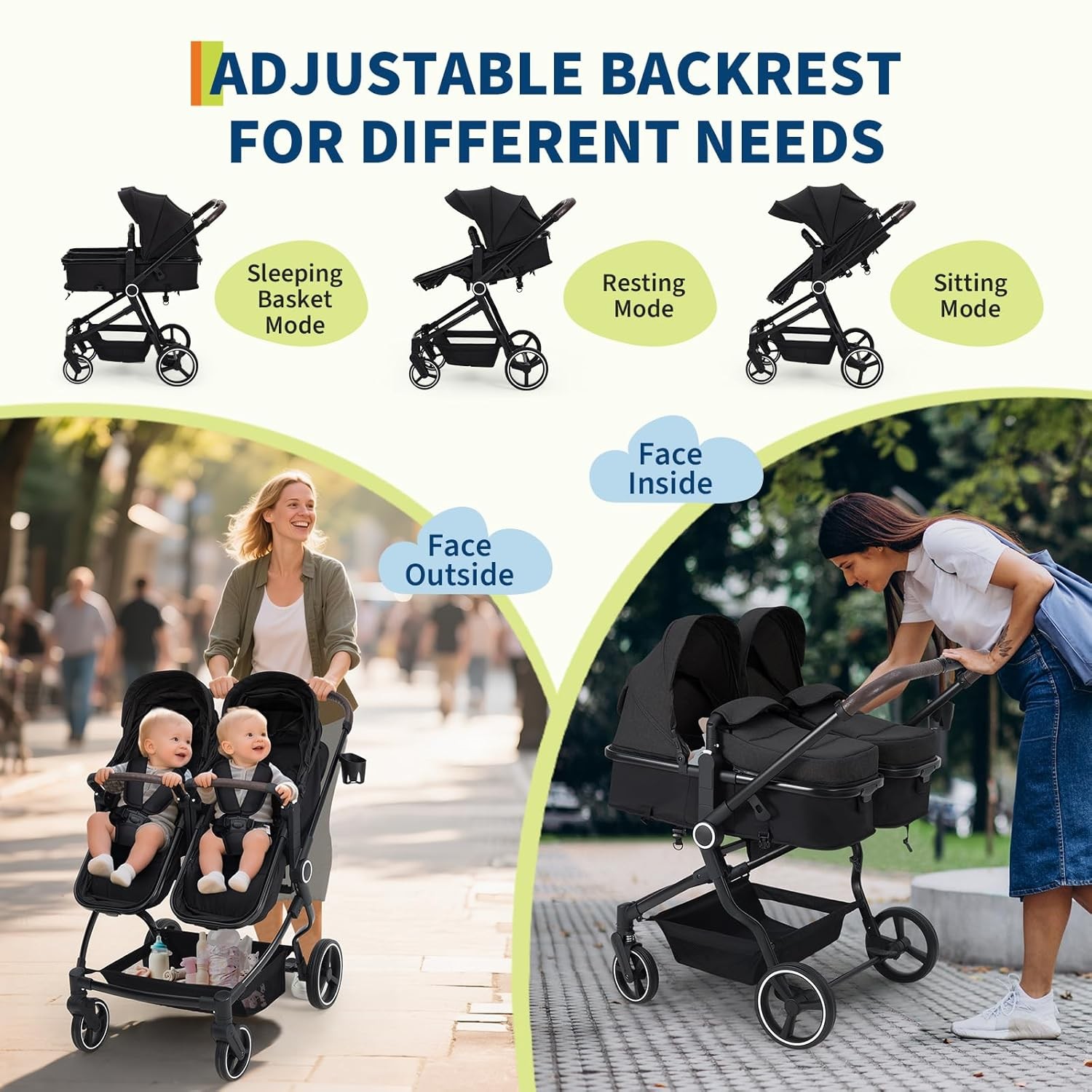 Twins Side by Side Double Stroller Lightweight Fold Travel Stroller Adjustable
