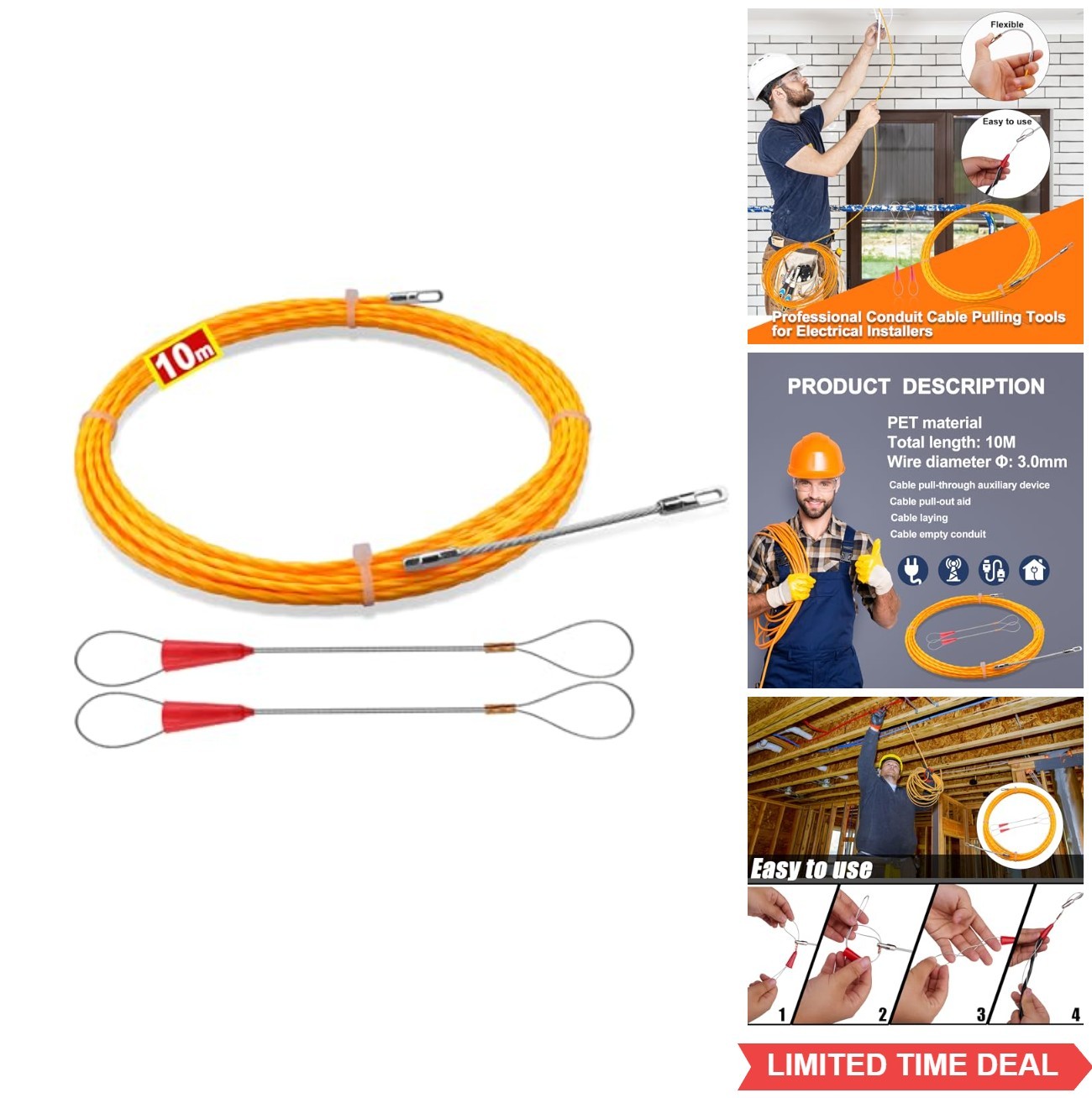 Fish Tape 10m 3.0mm Wire Puller Snake Retractable Cable Pulling Tool with Guide