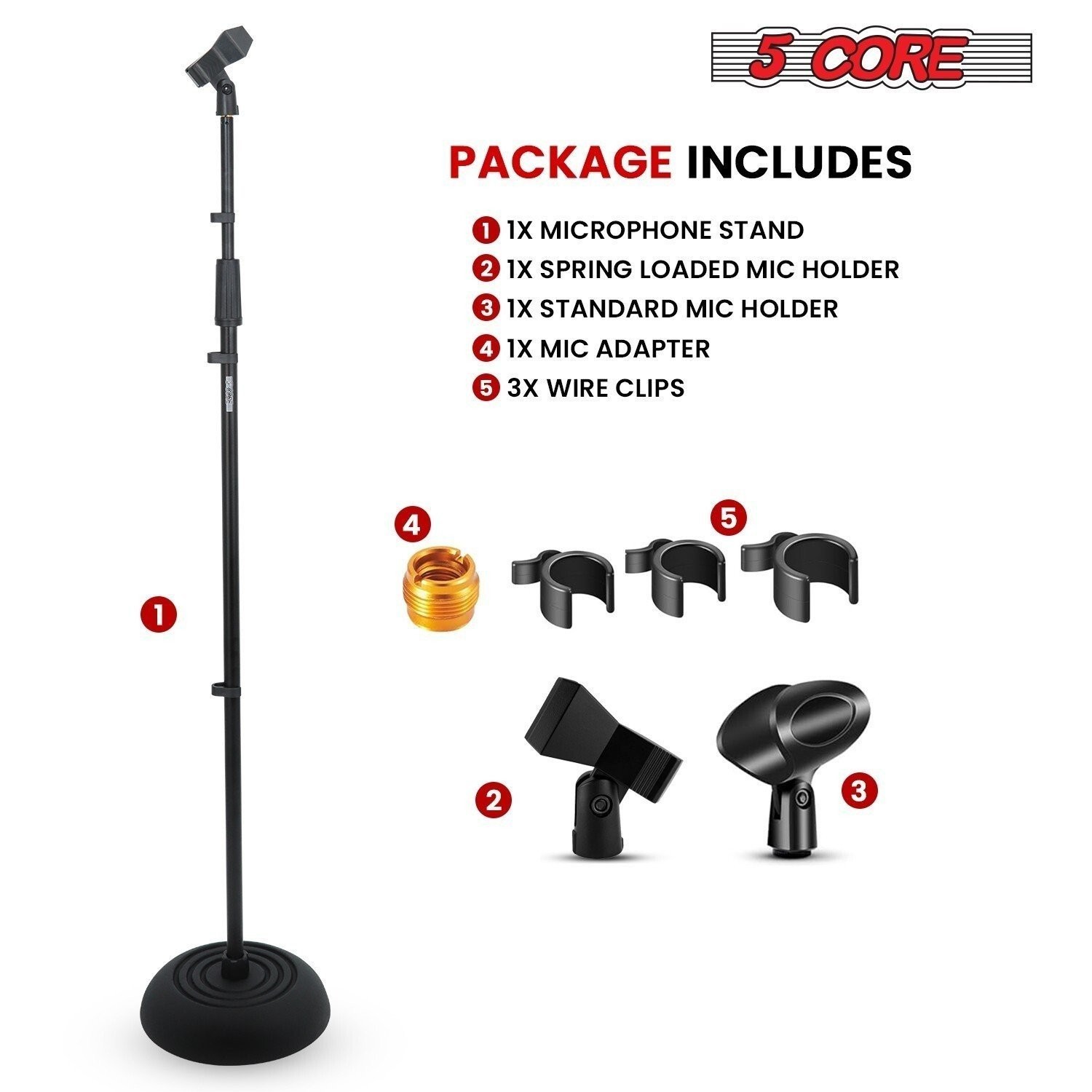 5Core Mic Stand Floor Adjustable Round Base Universal Metal Microphone Stands 2x
