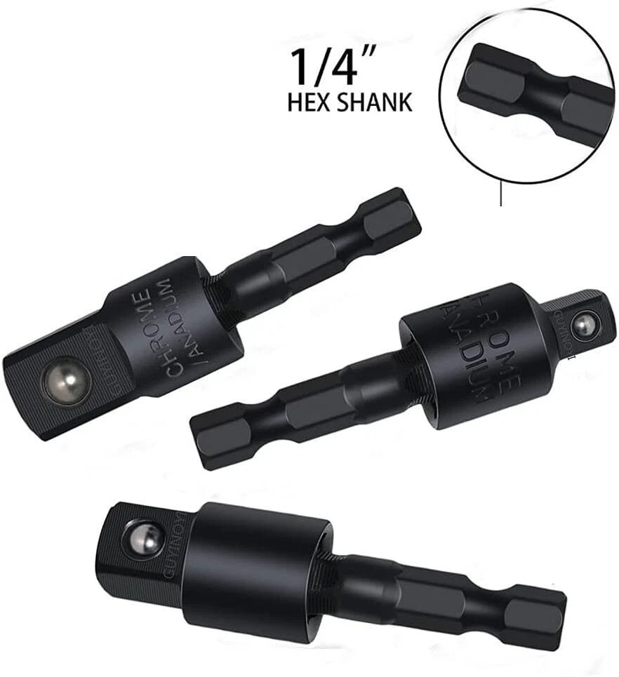 3Pcs 1/4" 3/8" 1/2" Bits 360° Swivel Impact Grade Socket Adapter Extension Set