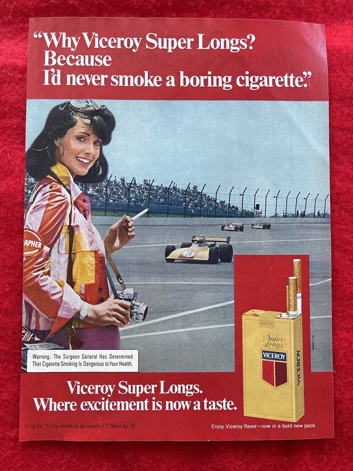 Vintage 1975 Viceroy Super Longs Cigarettes Print Ad Woman Smoking Race Track