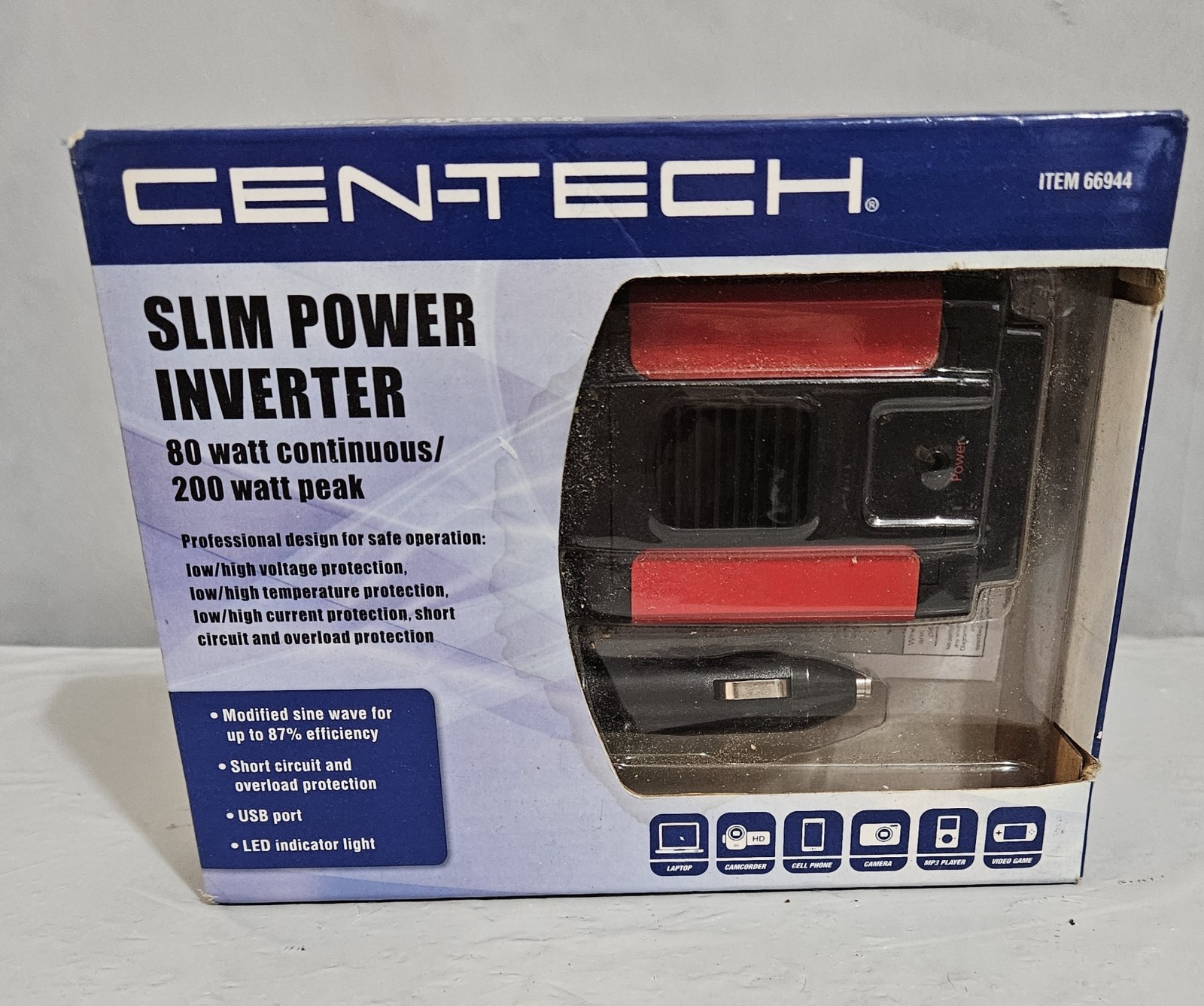 Cen-Tech Slim Power Inverter 80 watt continuous 200 watt peak #66944