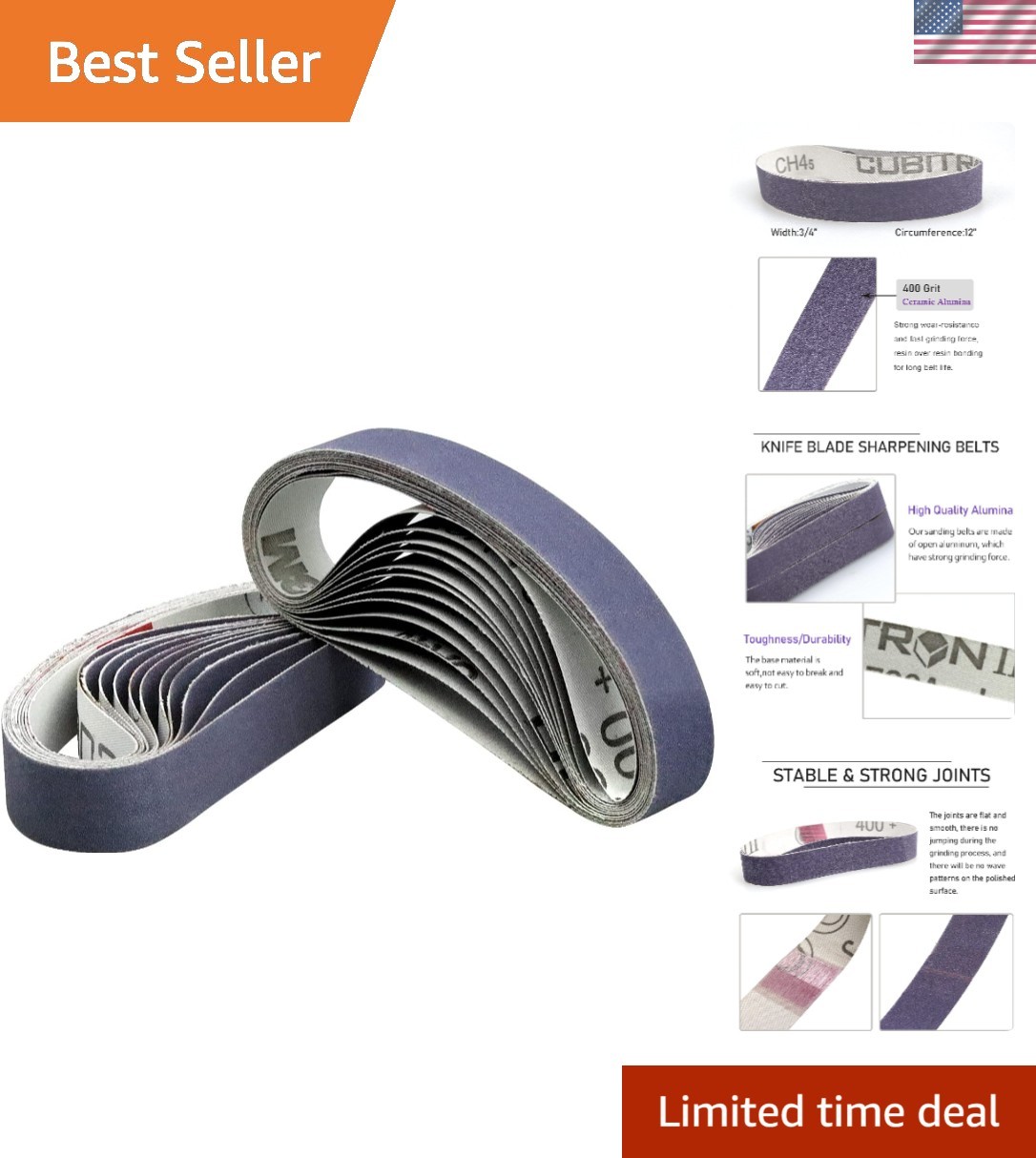 24-Pack 3/4" x 12" Ken Onion 400 Grit Replacement Belts for Knife Sharpener