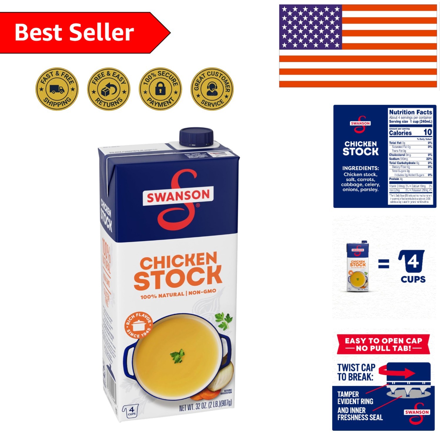 Fat-Free Swanson Chicken Stock 32 oz - All-Natural Flavor for Healthy Cooking