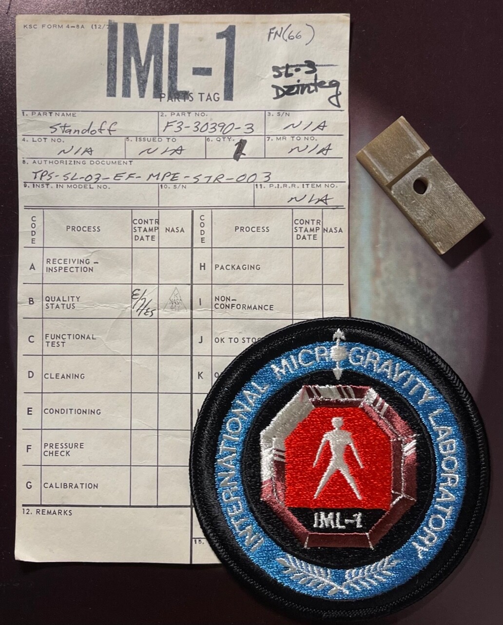 SPACE SHUTTLE PROGRAM 1985 IML-1 OBSOLETE SPARE PART STANDOFF W/ TAG & PATCH