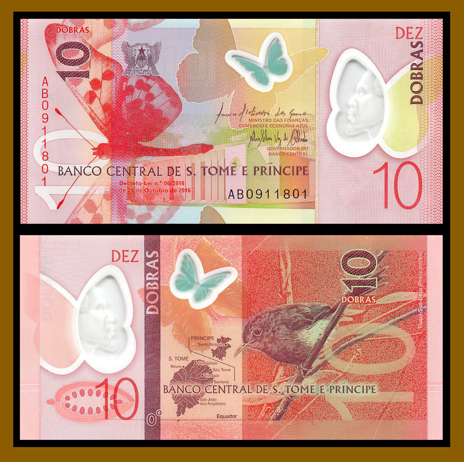 Saint Thomas & Prince 10 Dobras, 2016/ 2018 P-71 Butterfly Bird Polymer Unc